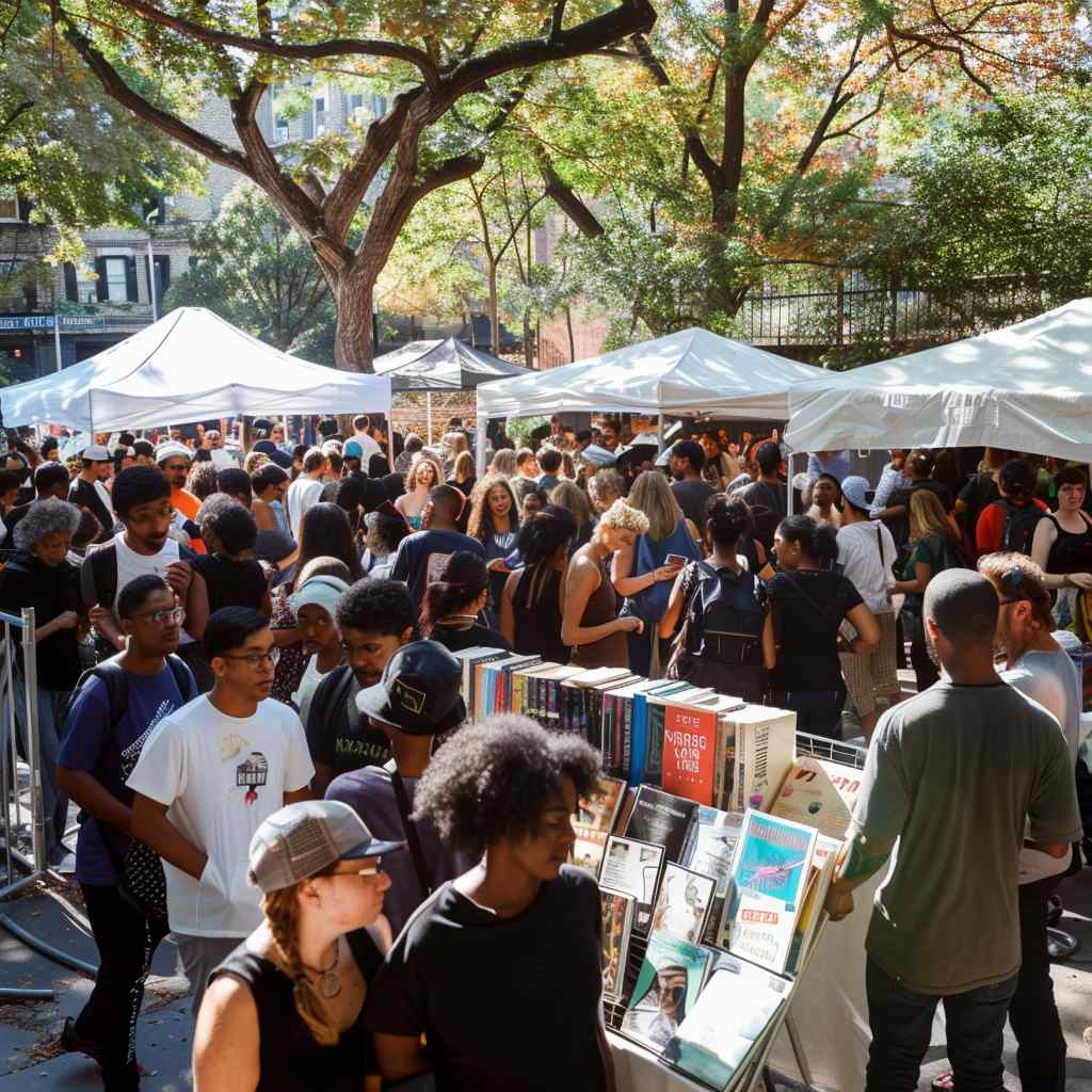Crowds of people at Brooklyn Book Festival, with tents and banners in the background.