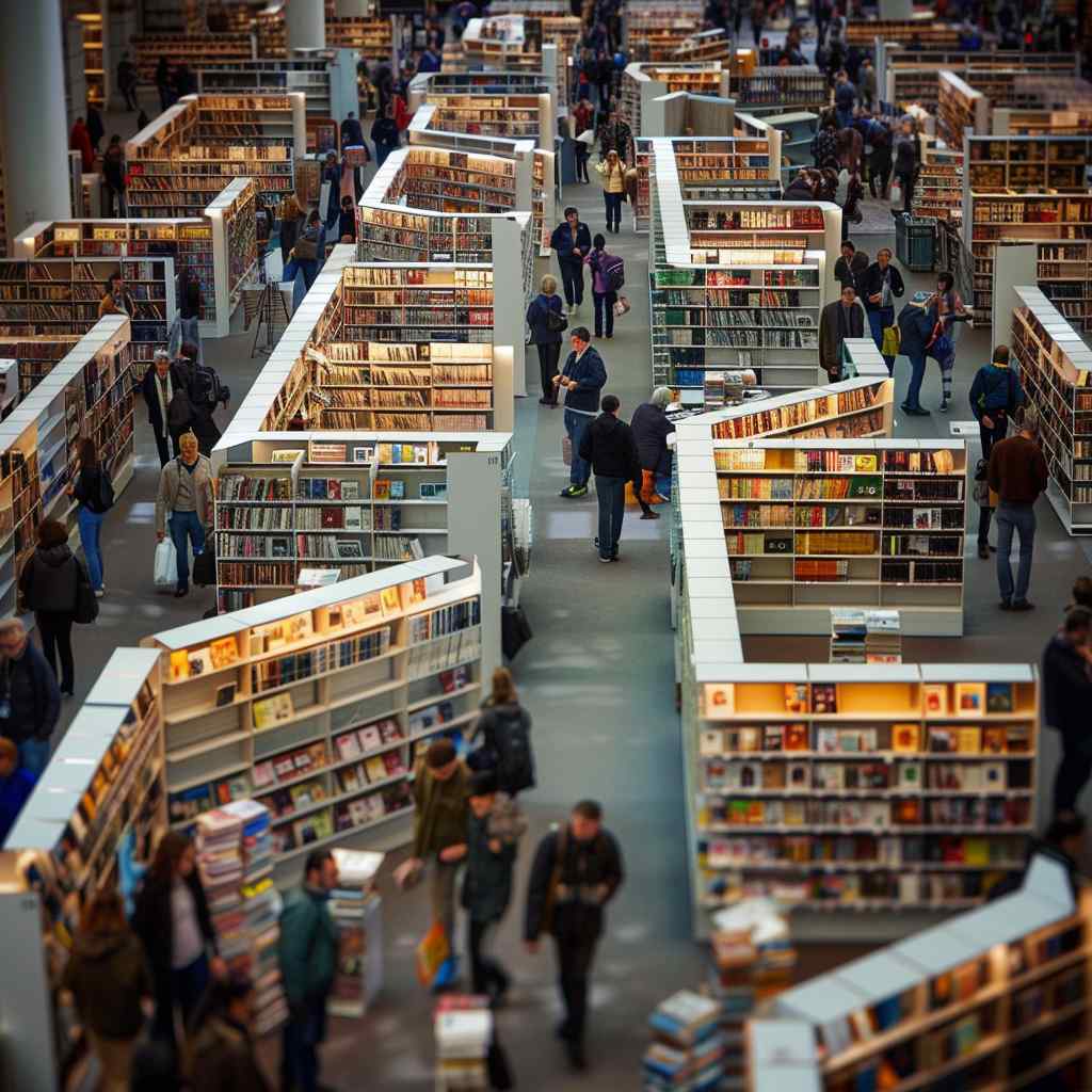 Busy exhibition halls with people browsing books and displays at the Frankfurter Buchmesse.