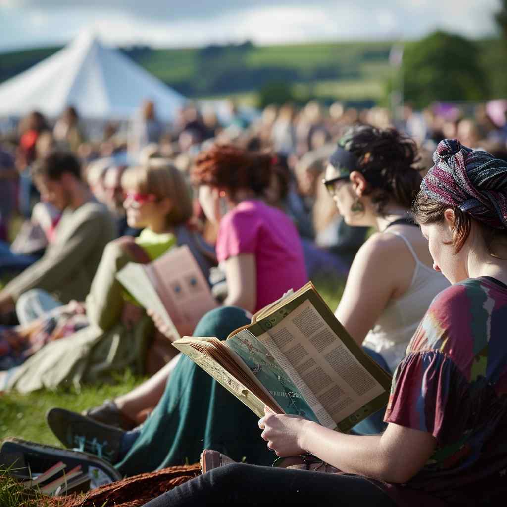 Crowd gathered at an outdoor event with tents and banners at Hay Festival in Wales.