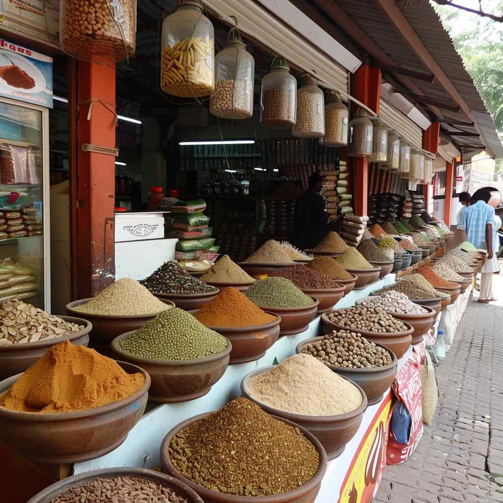 A vibrant street market in Kozhikode bustling with spices