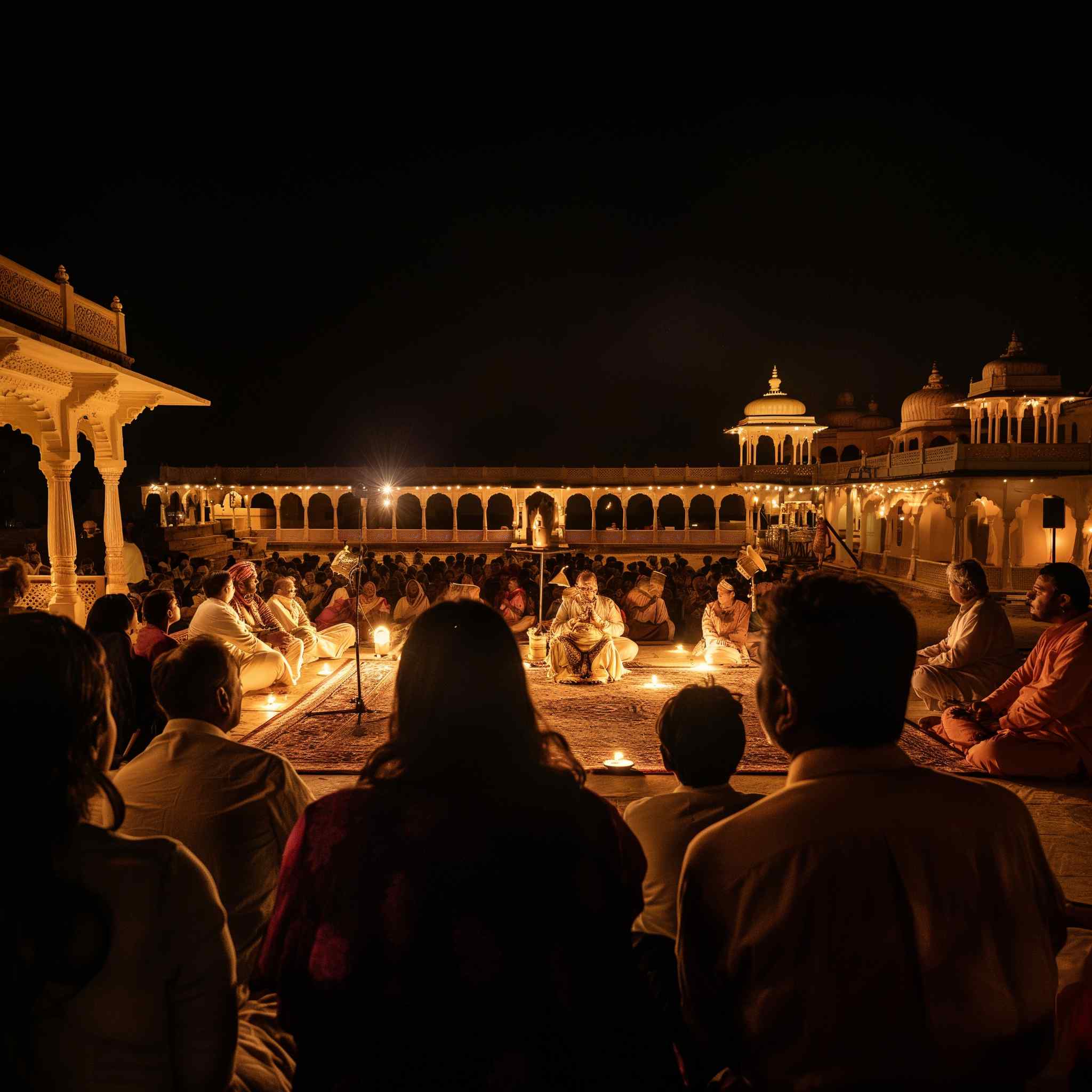 Traditional Rajasthani folk musicians performing under a starlit desert sky at the Jaisalmer Desert Festival.