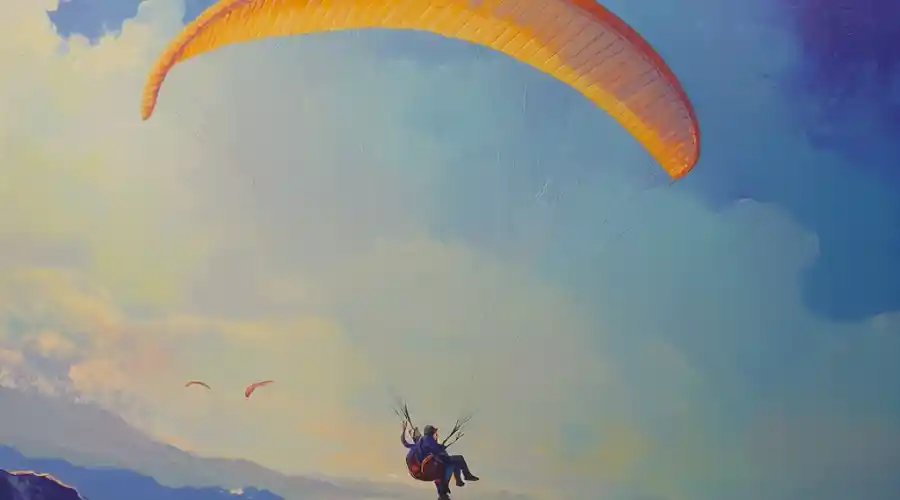 Wings of Freedom paragliding adventure over scenic mountains.