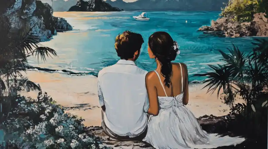 Romantic couple at sunset during their Love in Bloom honeymoon.