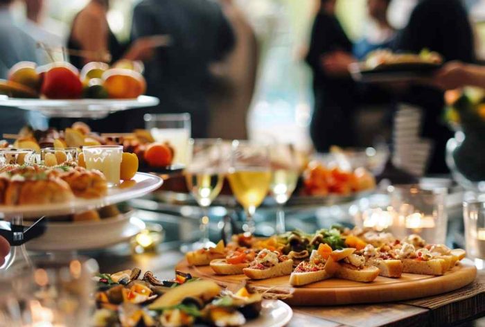 Illustration of people gathering at an event venue, with banners and signage